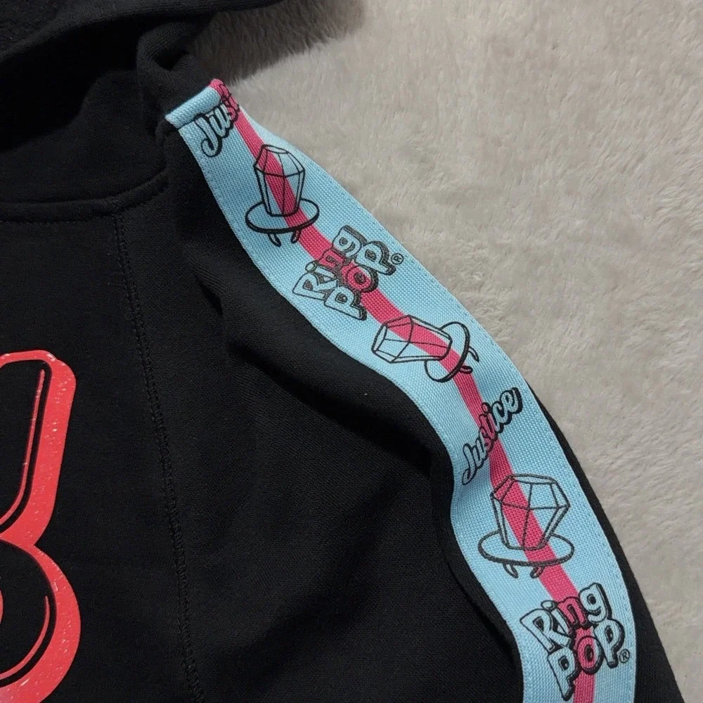 Justice Ring Pop Black Fleece Crop Hoodie Girls S 7-8 Sweatshirt Bazooka Candy